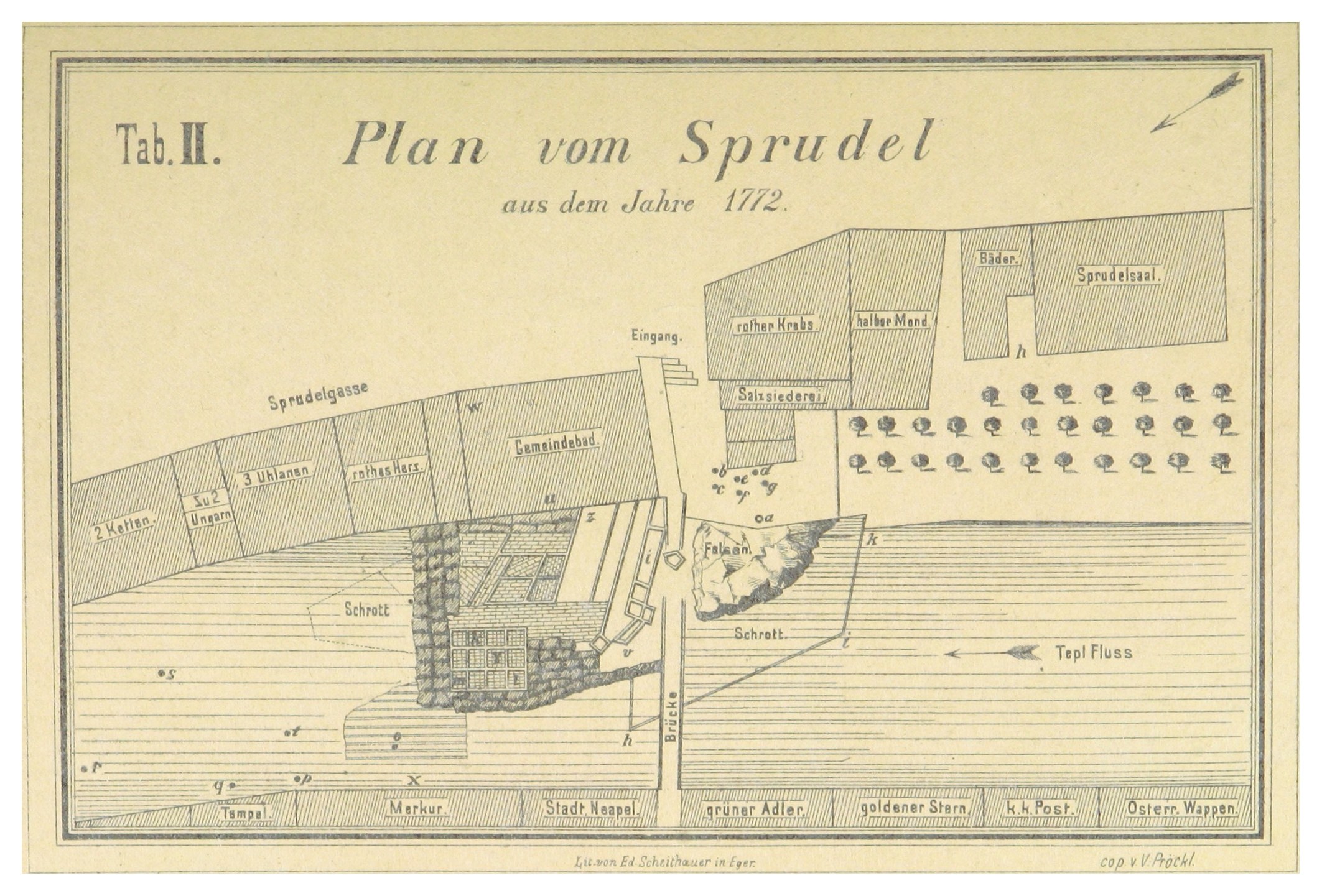 Ein Plakat mit einem detaillierten Plan von Spruidel, Deutschland, mit begleitendem Text, der zusätzliche Informationen über die Stadt bereitstellt.