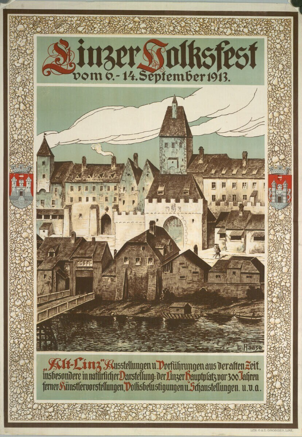 Altes Plakat, das ein Festival in Deutschland ankündigt, mit einem Bild einer Burg umgeben von Häusern und Text mit Festivalinformationen.