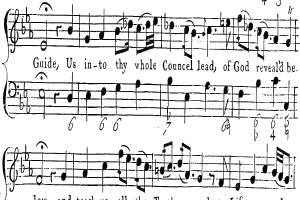 Ein Notenblatt mit dem Text "Führe uns in deinen whole Rat, Gott offenbart sei" und musikalischer Notation.