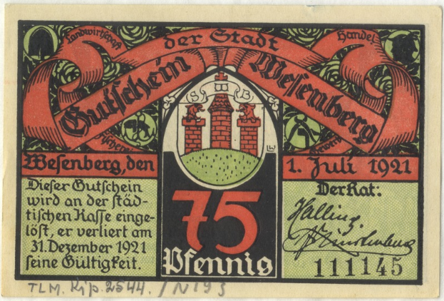Eine alte deutsche Banknote mit einem Gebäude darauf, Text 'Bundesliga' und Logo unten, vor weißem Hintergrund.