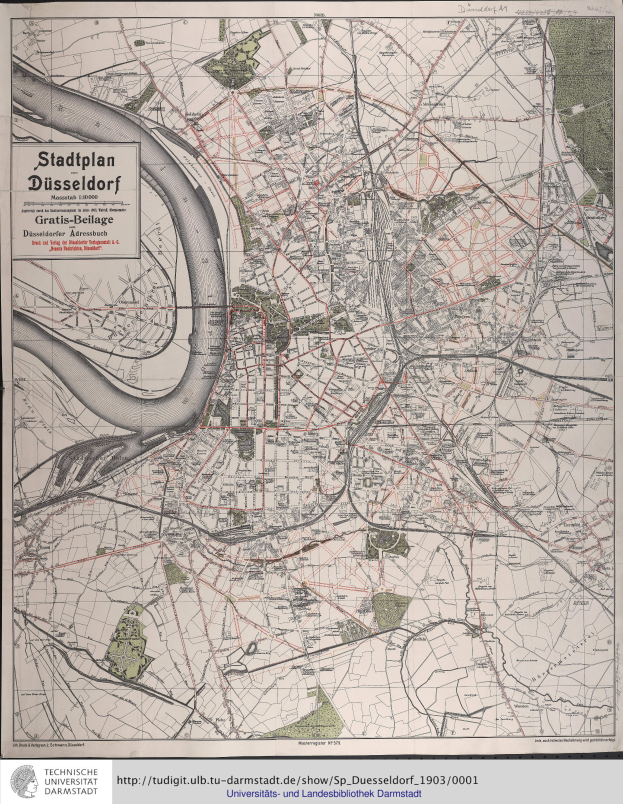 Ein detailliertes altes Stadtplan von Düsseldorf, Deutschland, das Straßen, Gebäude und Sehenswürdigkeiten mit Texten zeigt.