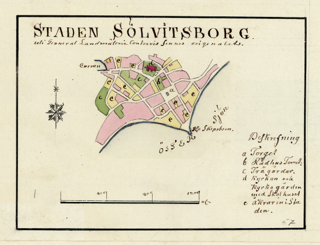 Ein detaillierter Stadtplan von Staden Solvitsborg, Schweden, auf Papier mit Straßen, Gebäuden und Sehenswürdigkeiten sowie Text darauf.