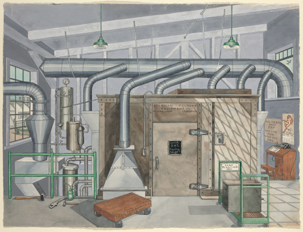 Eine detaillierte Strichzeichnung eines industriellen Fabrikinneren mit Maschinen, Rohren, einer beschrifteten Tafel mit der Aufschrift "American Foundry Equipment Co, Indiana" und verschiedenen Geräten wie einem Transportwagen, einem Tisch, einem Stuhl und Deckenlampen.