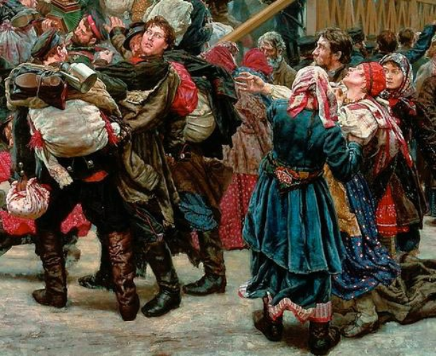Gemlde von Menschen in traditioneller russischer Kleidung, die vor einer Menge tanzen, einige halten Gegenstnde, mit einem hölzernen Haus im Hintergrund, das eine lebhafte Szene aus der russischen Revolution darstellt.