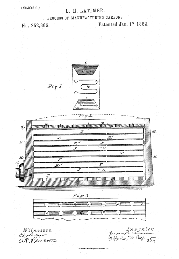 Schwarzes und weißes Patentzeichnung eines Geräts mit einer beschrifteten Vorrichtung auf einem weißen Hintergrund, betitelt mit "Patent No. 252,386 - Verfahren zur Herstellung von Karbonen."