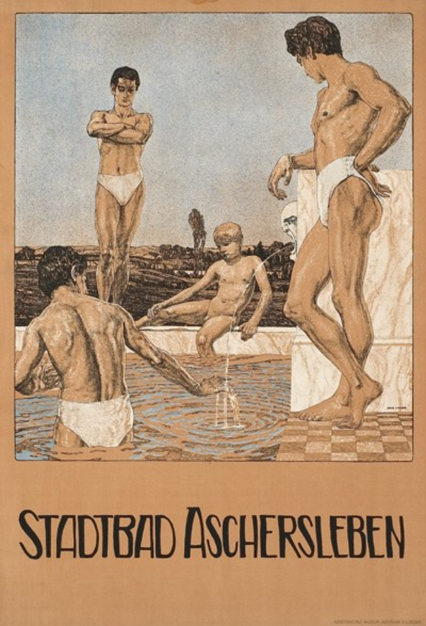 Ein Plakat für ein Schwimmbad in Aschersleben, Deutschland, das Menschen im Wasser zeigt, mit einem sitzenden und Text, der Pool-Informationen bereitstellt.