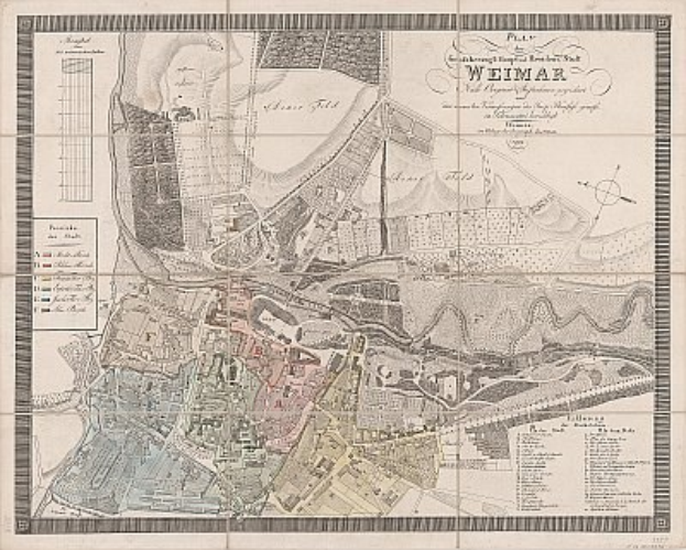 Ein detaillierter alter Stadtplan von Weimar, Deutschland, der Straßen, Gebäude und Sehenswürdigkeiten zeigt, mit zusätzlichem Text über die Bevölkerung und Merkmale der Stadt.