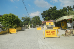 Eine Straße mit einem gelben "Slow Down School Zone"-Schild, parkende Fahrzeuge auf der rechten Seite und Bäume, Gebäude, Pfosten, Drähte und Himmel im Hintergrund.