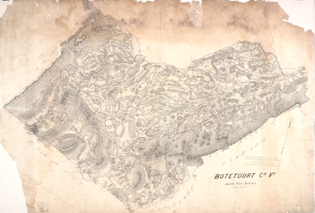 Ein detailliertes altes Stadtplan von Botetourt, der Straßen, Gebäude und Sehenswürdigkeiten zeigt, mit begleitendem Text, der Informationen über die Bevölkerung, Straßen und bemerkenswerte Merkmale der Stadt enthält.