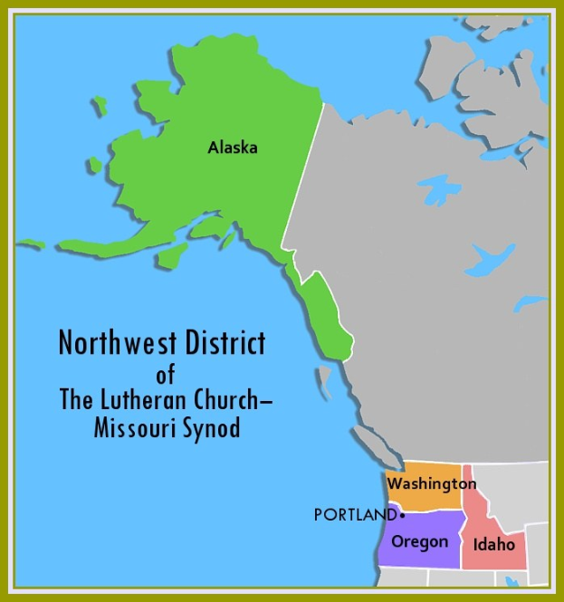 Ein detailliertes Kartenvorlagenplakat des Nordwestdistrikts der Lutheranischen Kirche - Missouri Synode, das dessen Distrikte und die umliegenden Gebiete mit zusätzlichem erklärendem Text zeigt.