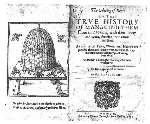 Ein altes Buch mit einer Zeichnung eines Bienenstocks umgeben von Insekten, betitelt mit "Die Ordnung der Bienen oder die wahre Geschichte des Umgangs mit ihnen."