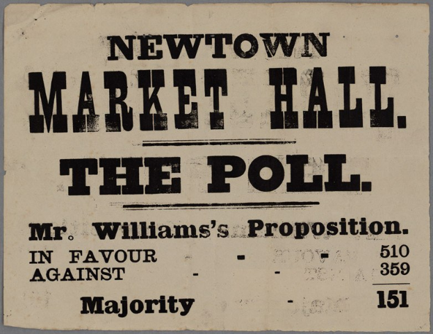 Papier mit handgeschriebenem Text, der "Newtown Market Hall, die Wahl, Mr. Williams' Proposition für die Mehrheit gegen" lautet.