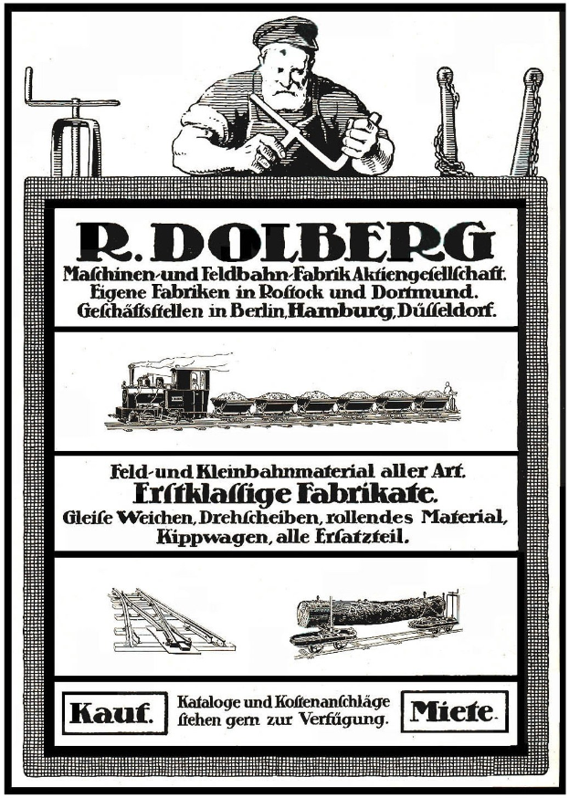 Werbeplakat für R.D. Dolbergs Fabrik in Hamburg, Deutschland, mit Text und Bildern einschließlich einer Person, eines Zugs und anderer Gegenstände.