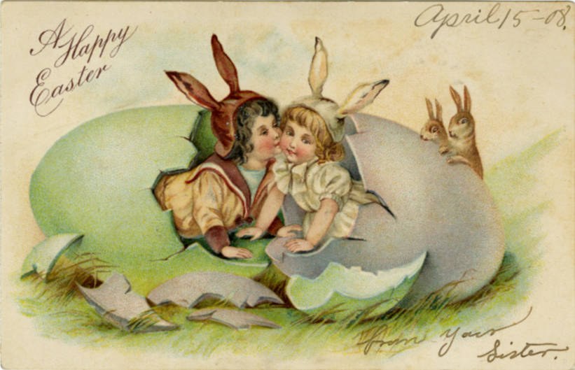Altmodische Ostern-Postkarte mit zwei Kindern in einem Ei mit zwei Kaninchen.