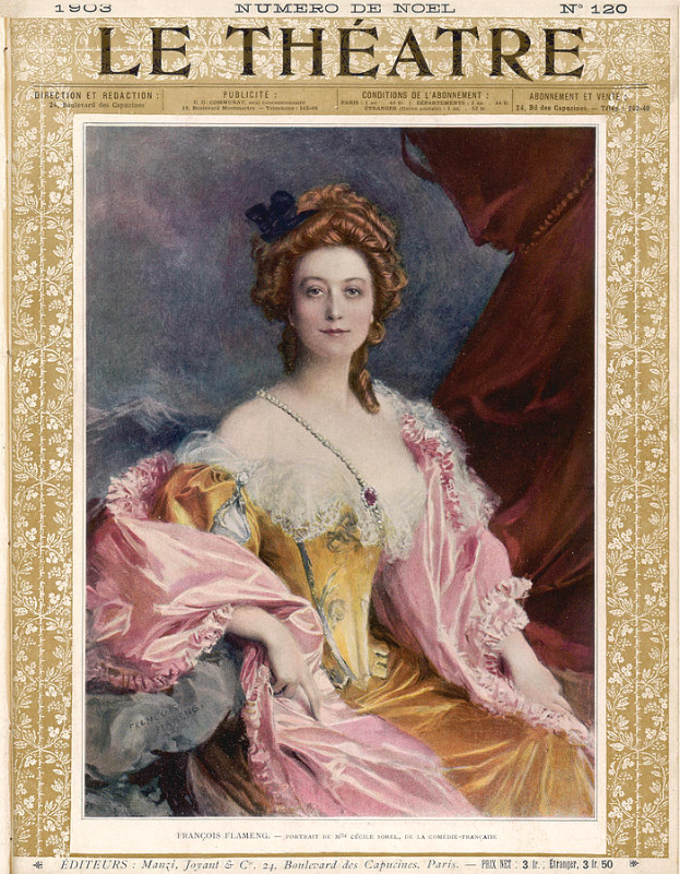 Eine Frau in einem pinken Kleid mit zurückgekämmtem Haar, die direkt in die Kamera schaut, auf dem Cover einer Zeitschrift mit der Aufschrift "Le Theatre".