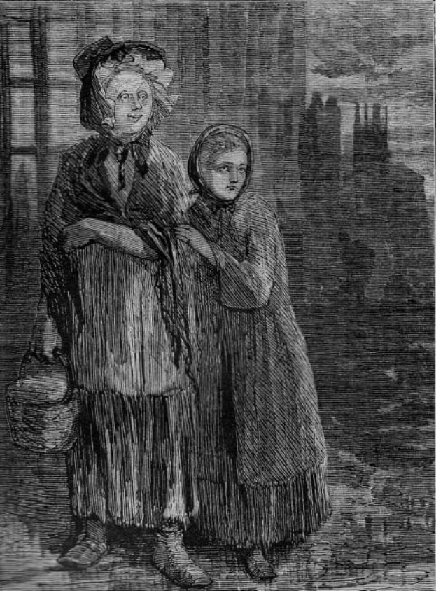 Zwei Frauen in traditioneller viktorianischer Kleidung stehen Seite an Seite, eine hält einen Korb, mit entschlossener Miene, vor einem Gebäude, mit dem Text "Viktorianische Frauenwahlrecht" unten.