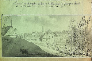 Ein altes Buch mit einer Zeichnung einer Bauernlandschaft, die ein Dorf mit Häusern, Bäumen und einer Ziege im Vordergrund zeigt, begleitet von beschreibendem Text.