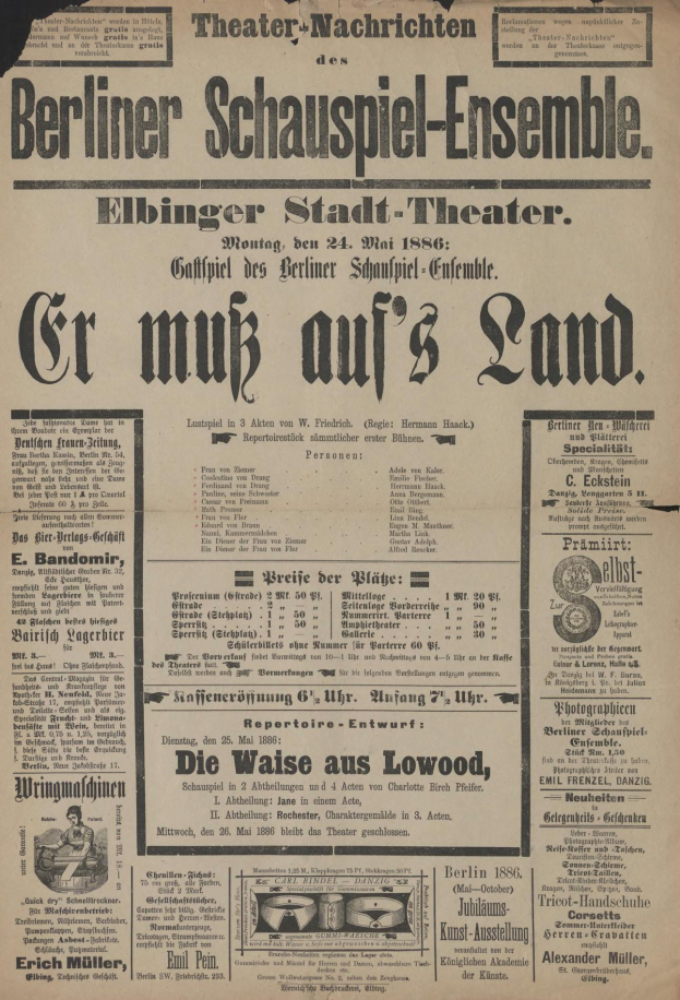 Eine alte Zeitungsanzeige aus dem Jahr 1866 für das Berliner Schauspiel-Ensemble, die einen Mann in Anzug und Krawatte zeigt, mit beschreibendem Text über das Ereignis.