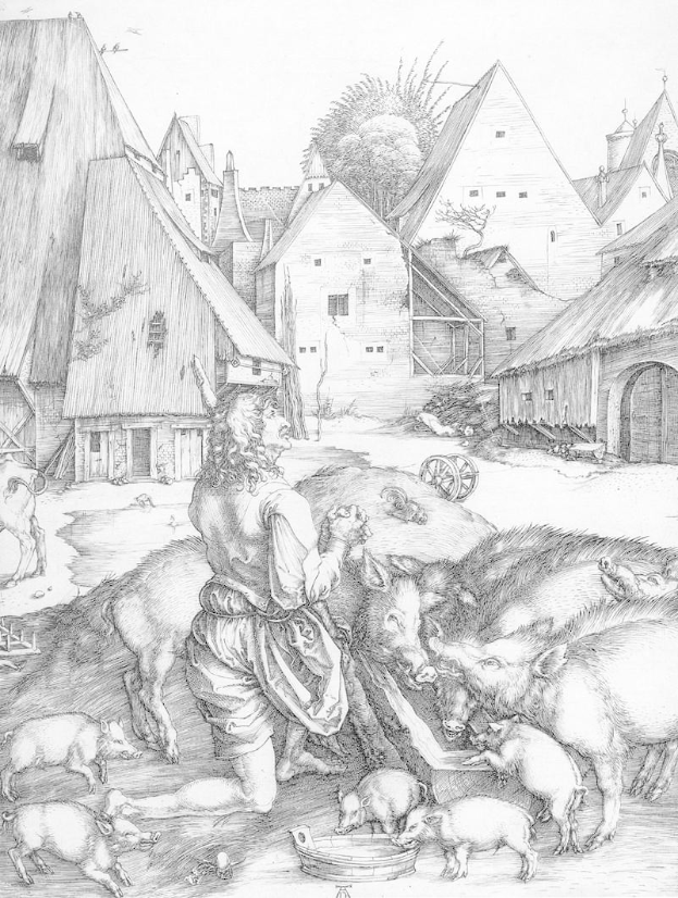Ein 17. Jahrhundert Schwarz-Weiß-Stich von Albrecht Dürer, der einen Mann beim Füttern von Schweinen in einem Dorf zeigt, mit Häusern, Bäumen und einem Wagen im Hintergrund.