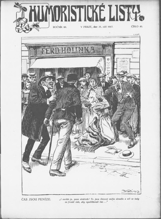 Ein Schwarz-Weiß-Cartoon eines Mannes im Anzug und mit Krawatte, der vor einer Menge mit einem Gebäude im Hintergrund steht, mit der Aufschrift "Humoristische Liste" oben und unten.