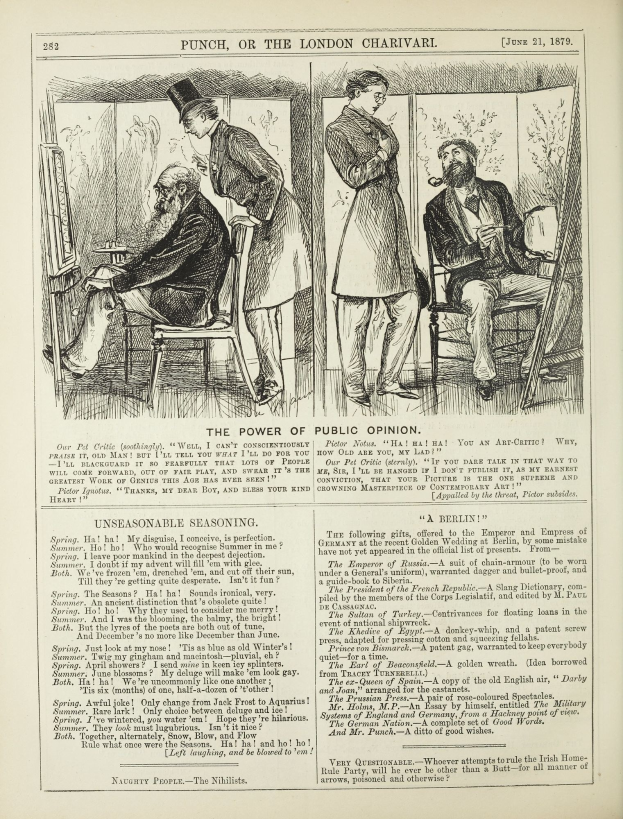 Illustration eines alten Buchumschlags mit einem Mann in einem Anzug, der in einem Stuhl sitzt und eine nachdenkliche Frau neben ihm steht, mit dem Titel "Die Macht der öffentlichen Meinung" sichtbar.