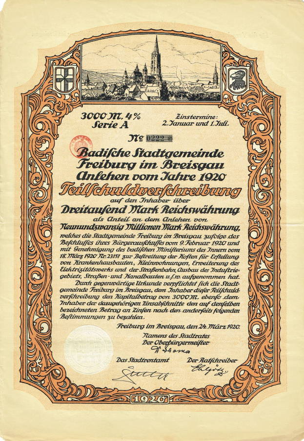 Altes deutsches Aktienzertifikat mit einer Stadtansicht und gedrucktem Text über die Aktienherkunft.