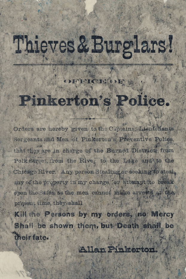 Plakat mit fetter schwarzer Schrift "Diebe & Einbrecher Pinkerton's Police" auf einem weißen Hintergrund, eingerahmt von einem dünnen schwarzen Rand.