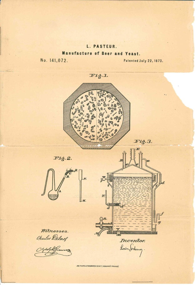 Altes Buch mit einer Patentzeichnung einer Bier- und Hefemaschine, einschließlich Text und einem technischen Diagramm.