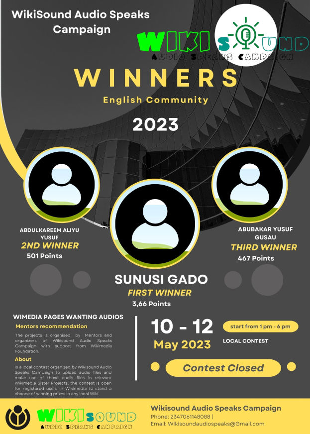 Ein buntes Plakat mit einem blauen Hintergrund und gelben und weißen Buchstaben, die in fetter Schrift «Gewinner» lesen, mit lachenden Menschen in der Mitte.