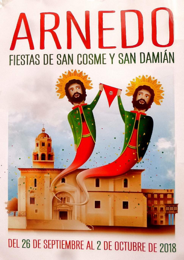 Plakat für das San-Cosme- und San-Damian-Fest mit zwei Personen vor einem Gebäude unter einem bewölkten Himmel, mit Text über das Ereignis.