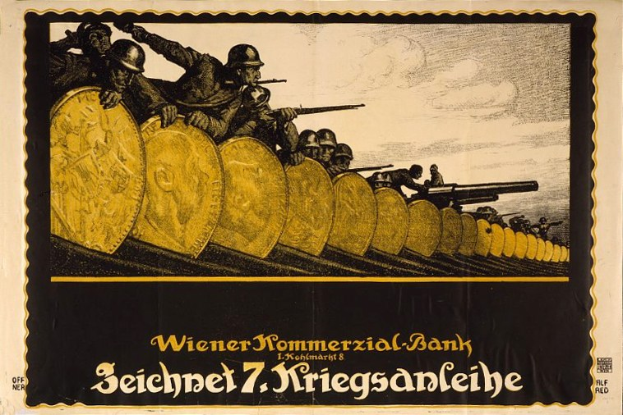 Deutsches Propagandaplakat aus dem Zweiten Weltkrieg, das Soldaten in Helmen mit Waffen zeigt und unten 'Wiener Kommmerzial Bank' trägt.
