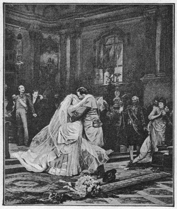 Schwarz-weiß-Foto einer Braut und eines Bräutigams, die leidenschaftlich vor einer Menge küssen, mit einem Blumenstrauß auf dem Boden und einer fensterumrandeten Wand im Hintergrund.