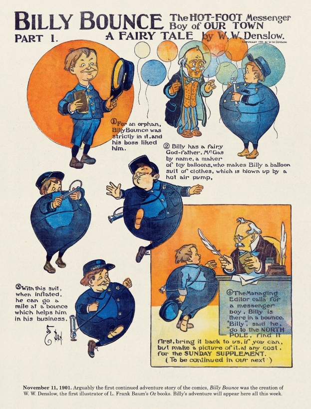 Cartoon-Abbildung eines jungen Jungen in Hut und Cape, der einen Zauberstab und ein Buch hält, betitelt mit "Billy Bounce, der Hot Foot Messenger, Teil 1: Ein Märchen", mit verspielter Schrift und einem Feldhintergrund.