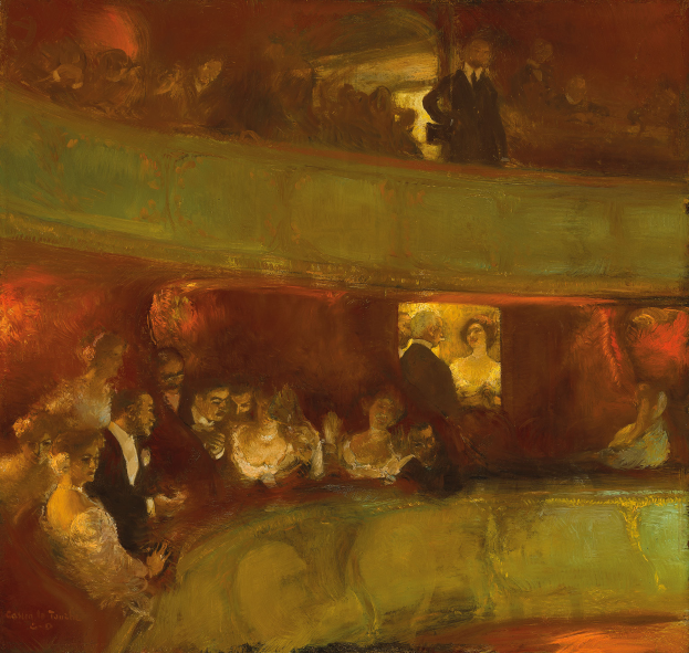 Ein Gemälde einer vielseitigen Gruppe von Menschen in einem hell erleuchteten Theater, einige stehend und einige sitzend, alle in formeller Kleidung, die eine lebhafte und einladende Atmosphäre schaffen.