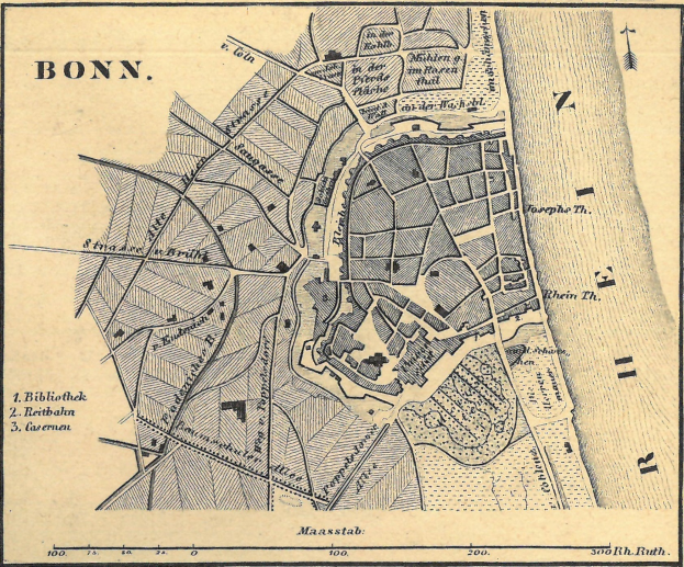 Ein detaillierter alter Stadtplan von Bonn, Deutschland, der Straßen, Gebäude und Sehenswürdigkeiten mit Textanmerkungen zeigt.
