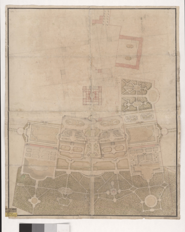 Ein detaillierter Stadtplan mit zahlreichen Gebäuden, darunter eine prägnante zentrale Struktur, begleitet von beschreibendem Text.