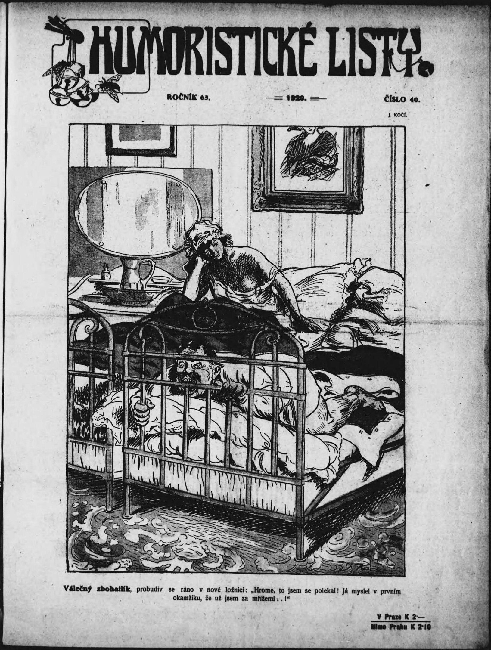 Schwarze und weiße Illustration einer Person, die auf einem Bett liegt, mit einem Spiegel auf dem Nachttisch und einem Rahmen an der Wand, begleitet von Text, der "humoristische liste - tschechoslowakei - 20. april 1920" oben und unten zeigt.