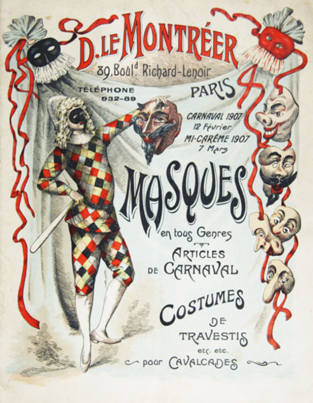 Ein Plakat, das ein Karnevalsfest in Paris, Frankreich, ankündigt, zeigt eine Person in Kostüm mit einem Stock, umgeben von Text und Bildern von Masken.