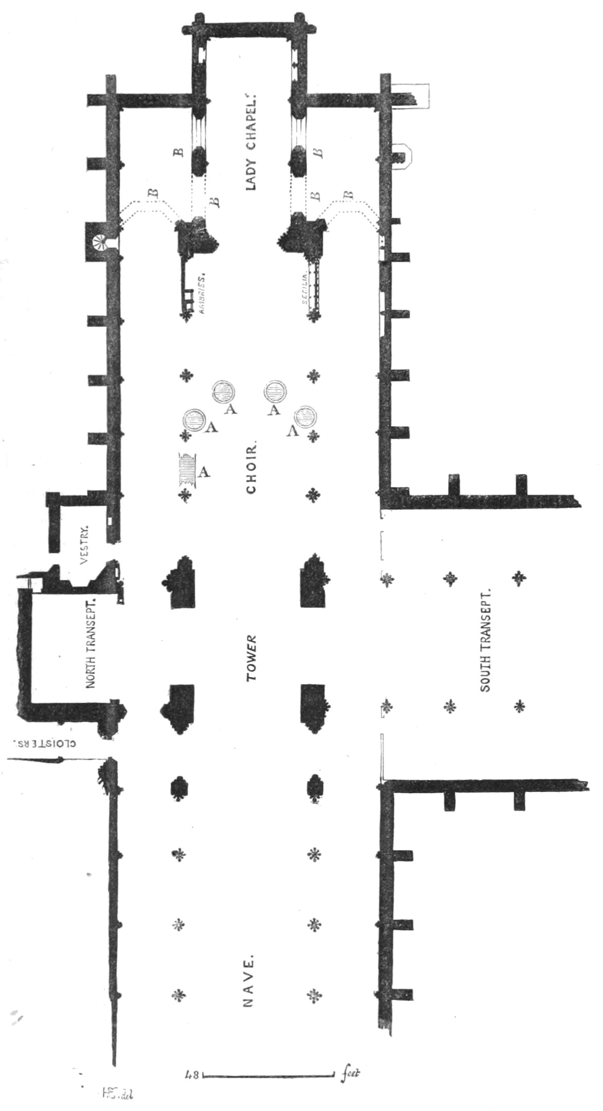 Schwarzes und weißes architektonisches Grundrissbild einer Kirche mit mehreren Räumen, einschließlich beschrifteter Fenster, Türen und strukturelle Merkmale.