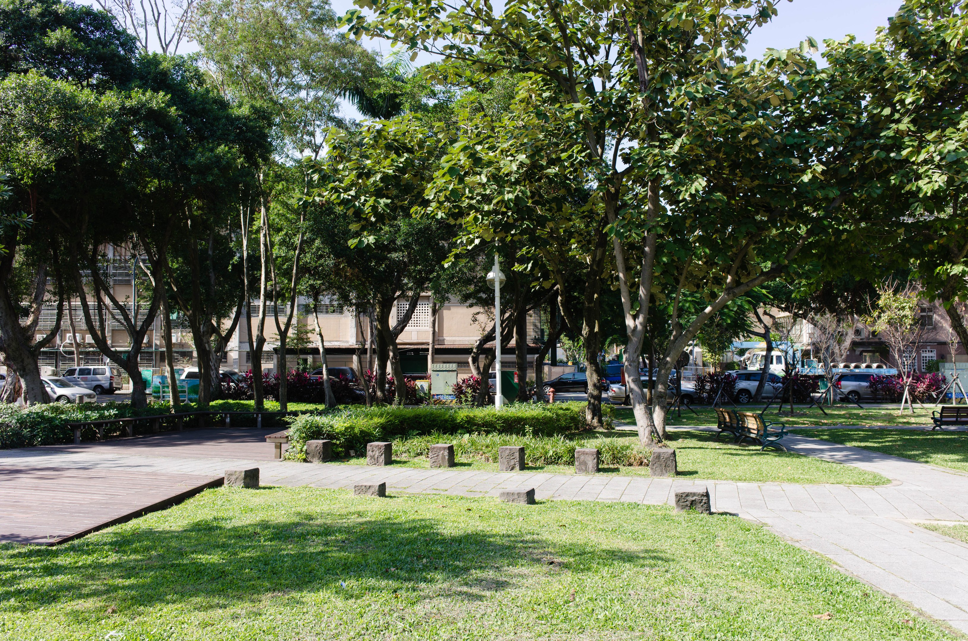Eine Parkszene mit grünem Gras, Bänken, Pflanzen, Bäumen, Laternenmasten und Fahrzeugen auf einer Straße, mit Gebäuden und einem klaren blauen Himmel im Hintergrund.