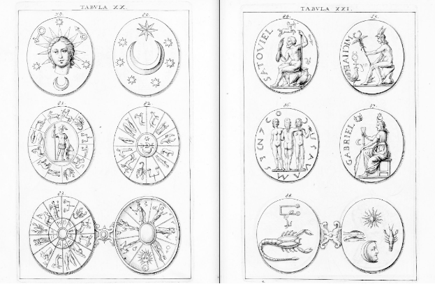 Eine Buchseite mit einem kreisförmigen Arrangement von Sternzeichen, Sonne, Mond und Sternen in der Mitte, umgeben von kursivem Text und einem dekorativen Rahmen auf einem weißen Hintergrund.