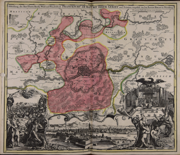 Ein aufgeschlagenes altes Buch mit einer detaillierten Deutschlandkarte in der Mitte, umgeben von Abbildungen und Text.