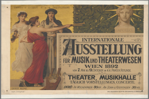 Eine Gruppe von Menschen, die in einem Kreis stehen, mit einer Frau in der Mitte, die ein Musikinstrument hölt, auf einem Plakat für die Internationale Ausstellung für Musik und Theaterwesen in Wien, Österreich, mit Text, der Informationen über die Veranstaltung liefert.