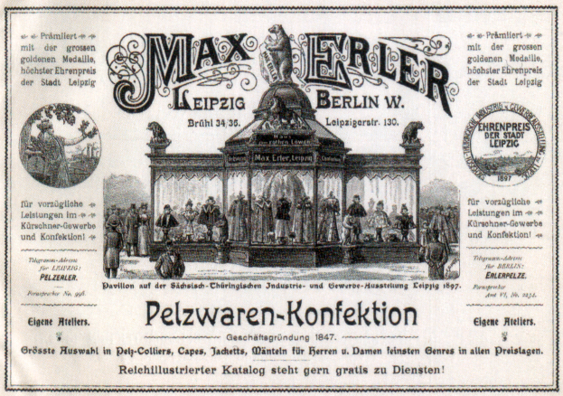 Eine alte Werbung für Max Erler Leipzig in Berlin, Deutschland, zeigt eine Gruppe von Menschen vor einem Gebäude mit Text, der wahrscheinlich ein Ereignis ankündigt.