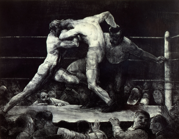 Schwarzes und weißes Zeichnung von zwei Boxern in einem Ring, einer wirft einen Schlag, während der andere sich verteidigt, mit einer jubelnden Menge im Hintergrund.