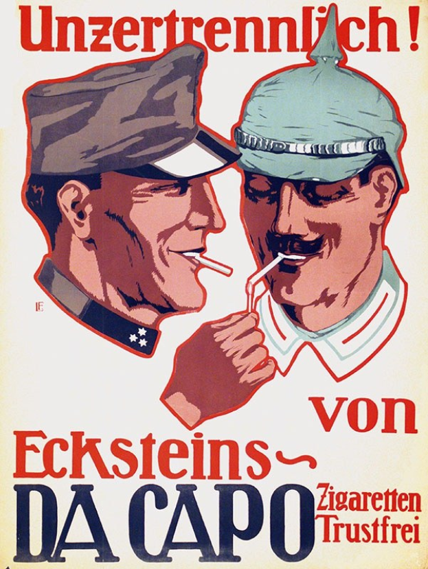 Deutsches Propagandaplakat mit zwei Männern in Mützen, die Zigaretten rauchen, mit Text.