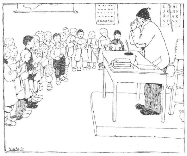 Ein Mann sitzt an einem Schreibtisch mit Büchern und Gegenständen vor einer Gruppe von Kindern, während Papiere mit Text an der Wand hinter ihm angezeigt werden.