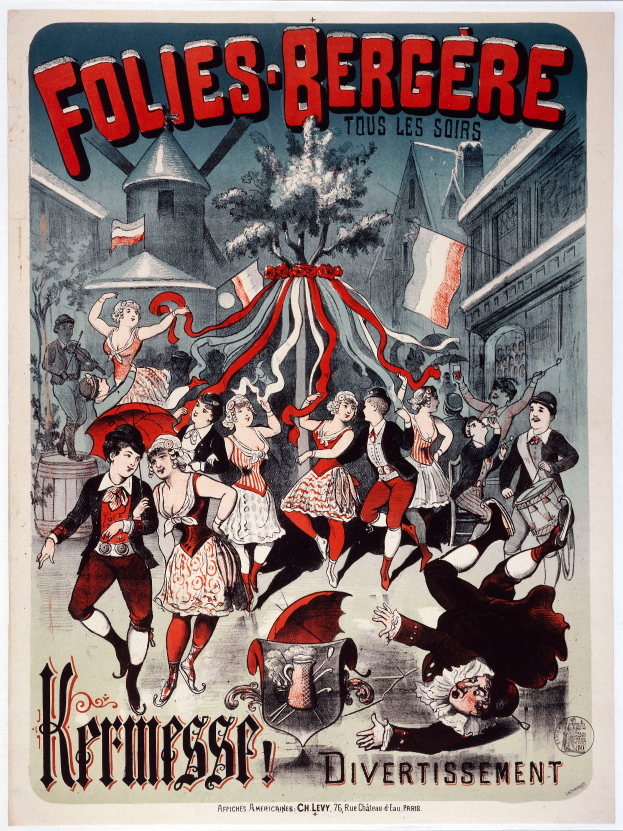 Ein Plakat für das Folies-Bergere-Festival in Paris, das eine Gruppe von Menschen im Vordergrund tanzt, mit Gebäuden, Flaggen und einem Baum im Hintergrund zeigt, mit französischem Text oben und unten.