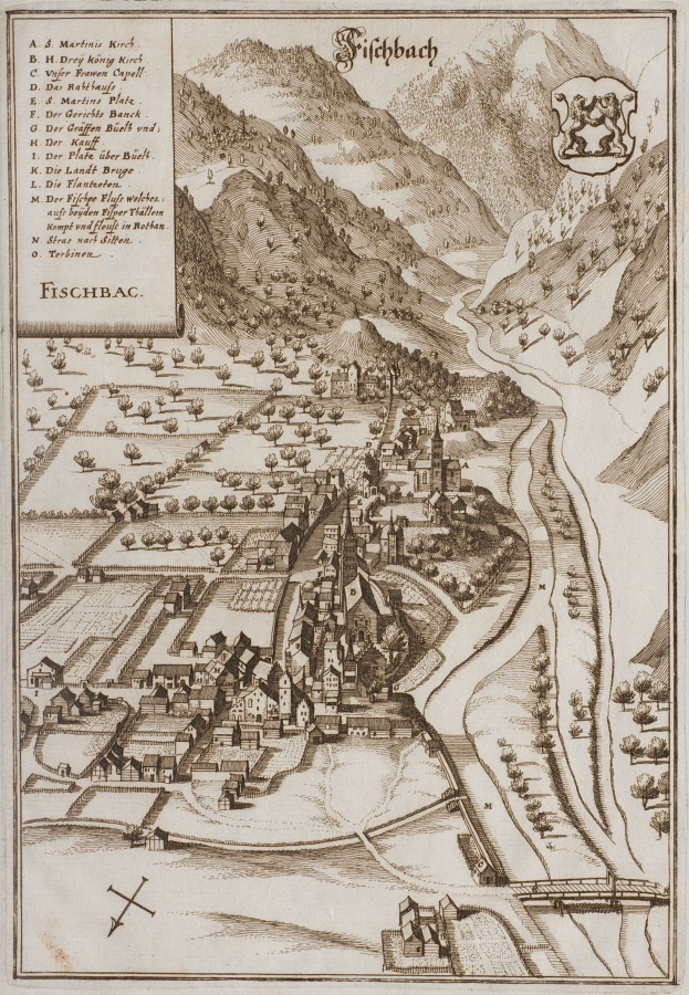 Ein altes Stadtplan von Fischbach, Deutschland, zeigt Häuser, Bäume, Hügel, einen gewundenen Fluss, Text und ein Logo.