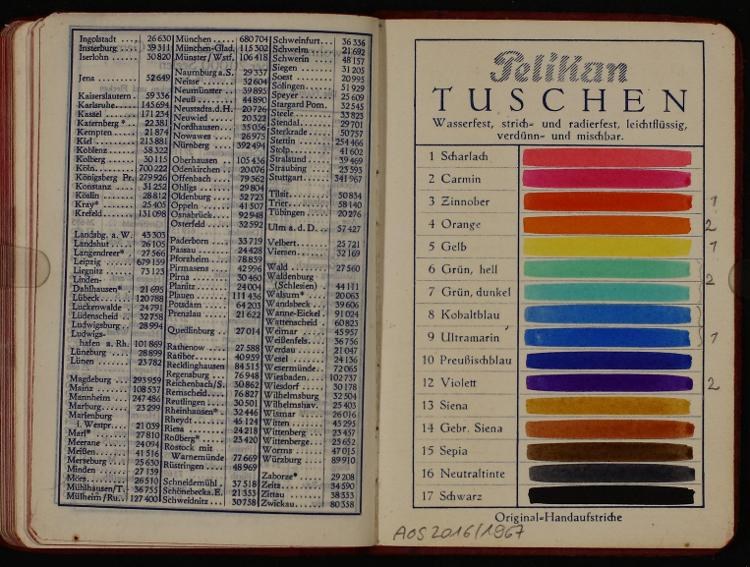 Offenes Buch mit bunten Seiten und Text, vor dunklem Hintergrund, ähnelt einem deutschen Handbuch mit Farbproben.